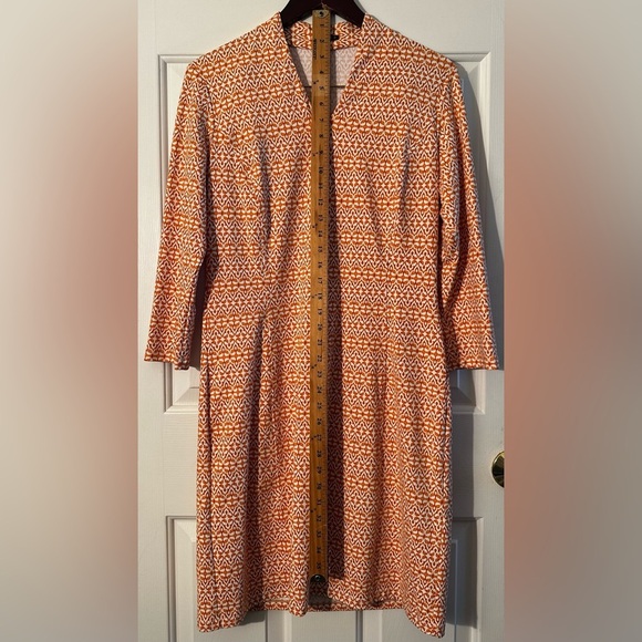J. McLaughlin MED Spring Apricot Printed 3/4 Sleeve V Neck Sheath Dress Stretch - Picture 11 of 11